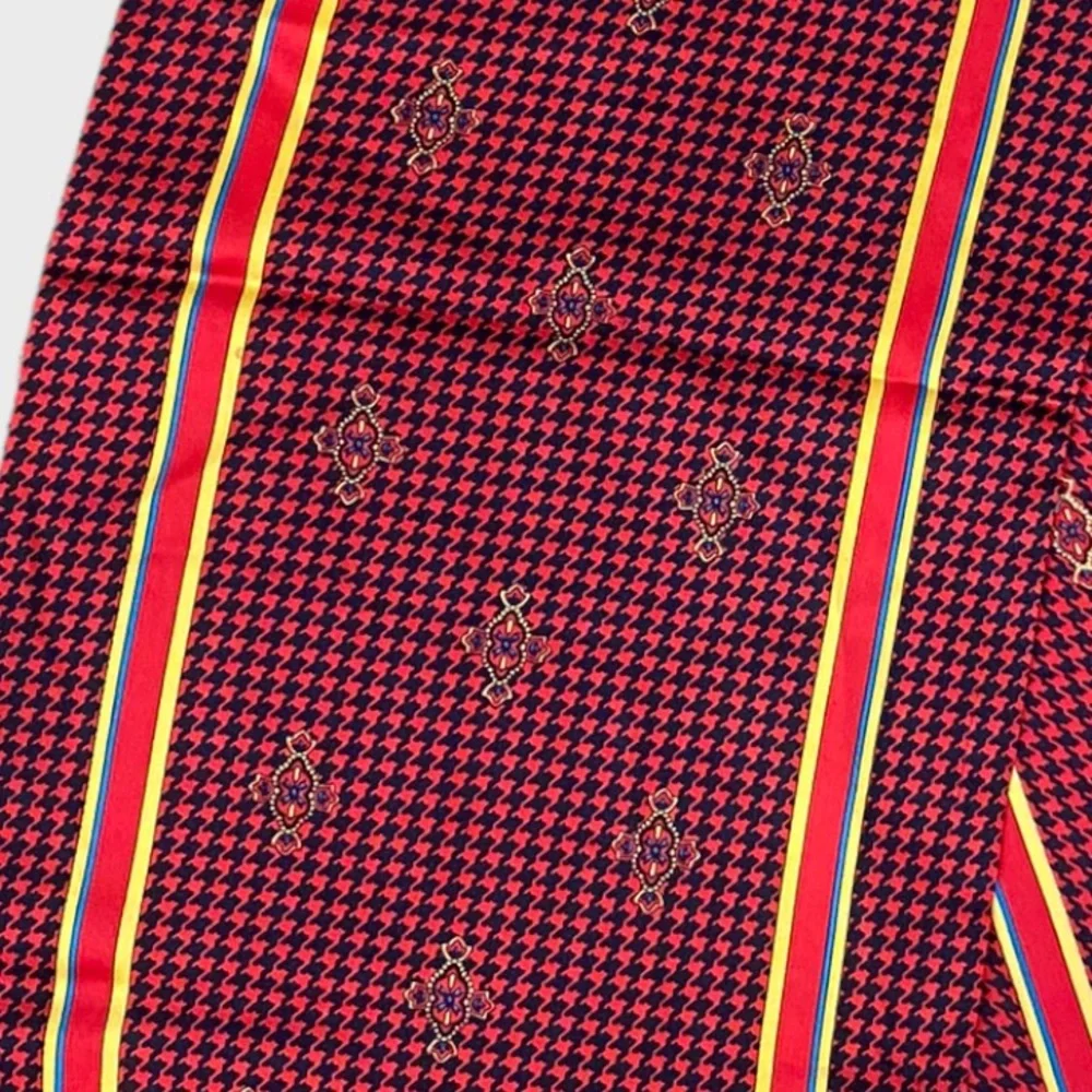 Vintage Ginnie Johansen Red Black Yellow Houndstooth Long Silk Scarf